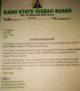 Hisbah warns radio station to stop using 'Black Friday' for Sales and Promo in Kano State.